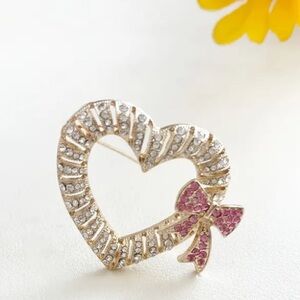 Gold Heart Brooch with Pink & White Rhinestones